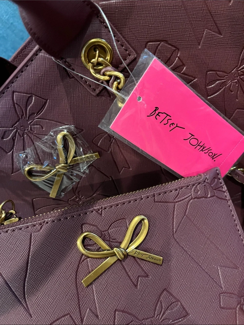 Betsey Johnson Maroon Embossed Bow Tote and Pouch with Gold Accents